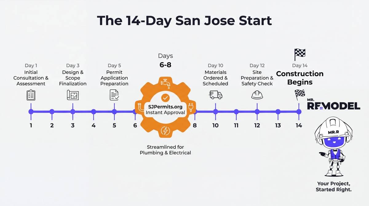A 14-day project timeline for San Jose bathroom remodeling, highlighting the use of the SJPermits.org online portal for instant approvals to hit a fast start date.